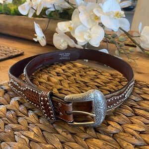 Nocona Genuine Leather Belt Animal Hair Silver Accents Buckle Western Durable 44